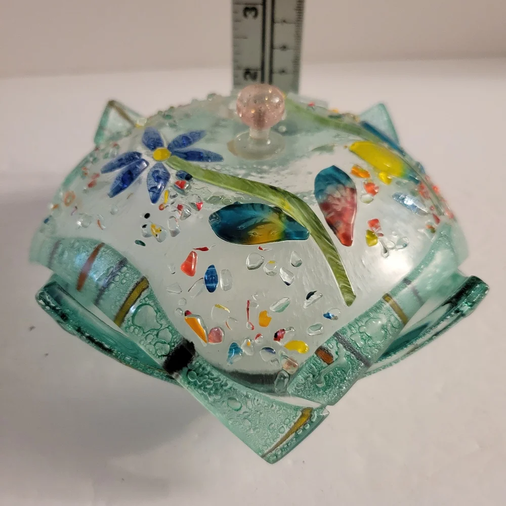 Hand Crafted Fused Glass Trinket Box Floral Multicolored